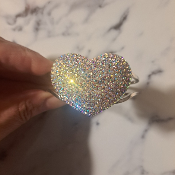 Jewelry - Silver Tone Puffy Heart Hinged Bracelet with Sparkling Irridescent Crystals